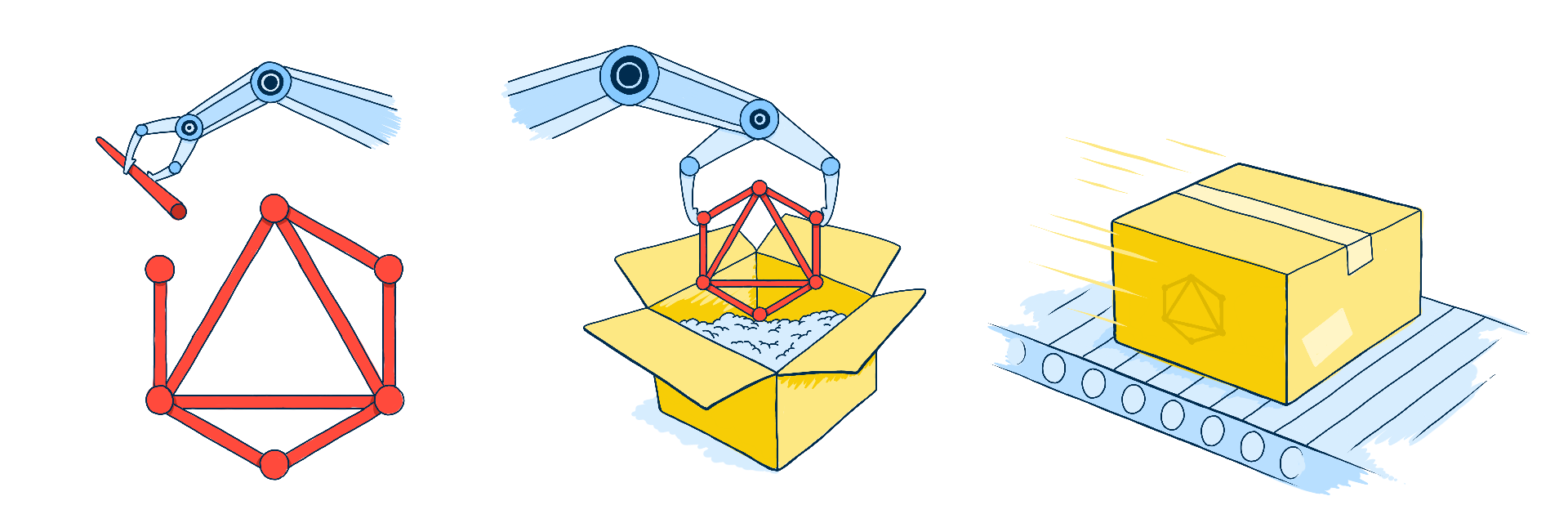 Illustration of a GraphQL symbol being assembled, packaged into a box, and then shipped out on a conveyor belt